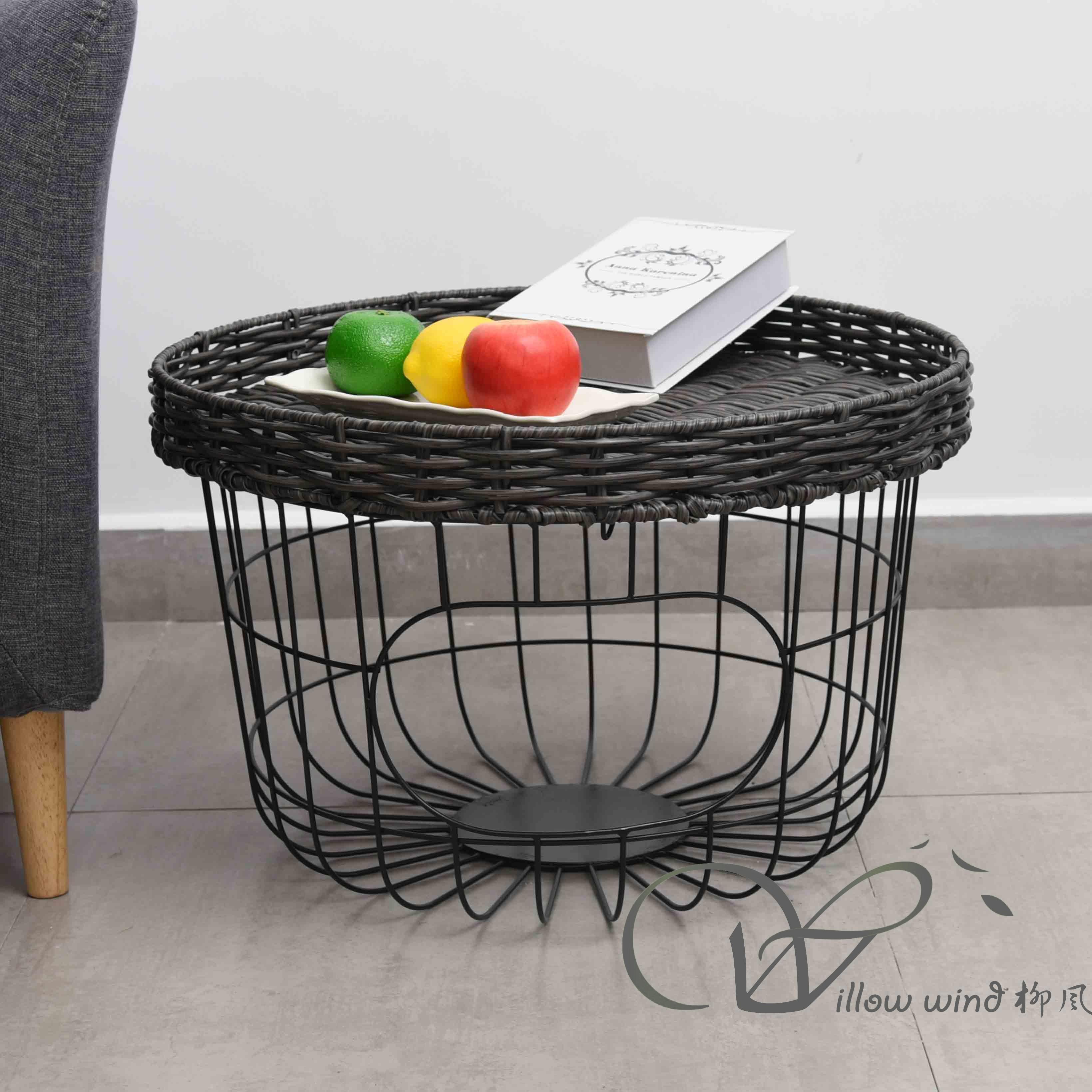 2 Pack Round End Table Imitation rattan top Coffee table Bed Side Table with Wrought Iron Support fv