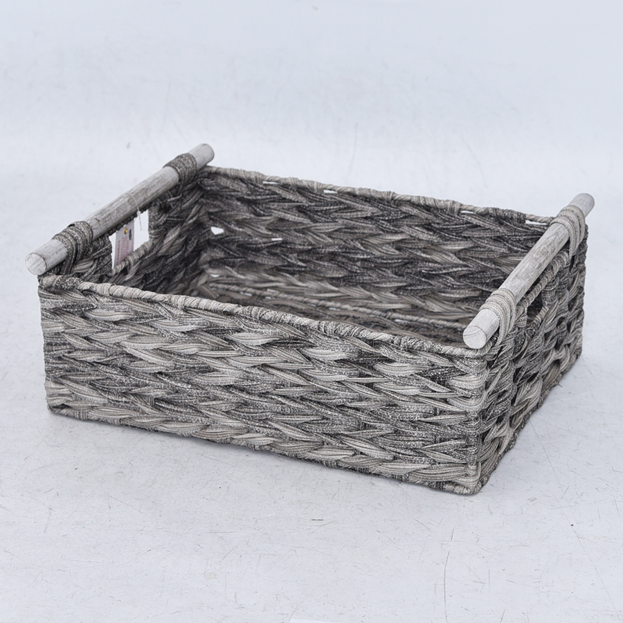 Grey woven storage tote basket with wood handle