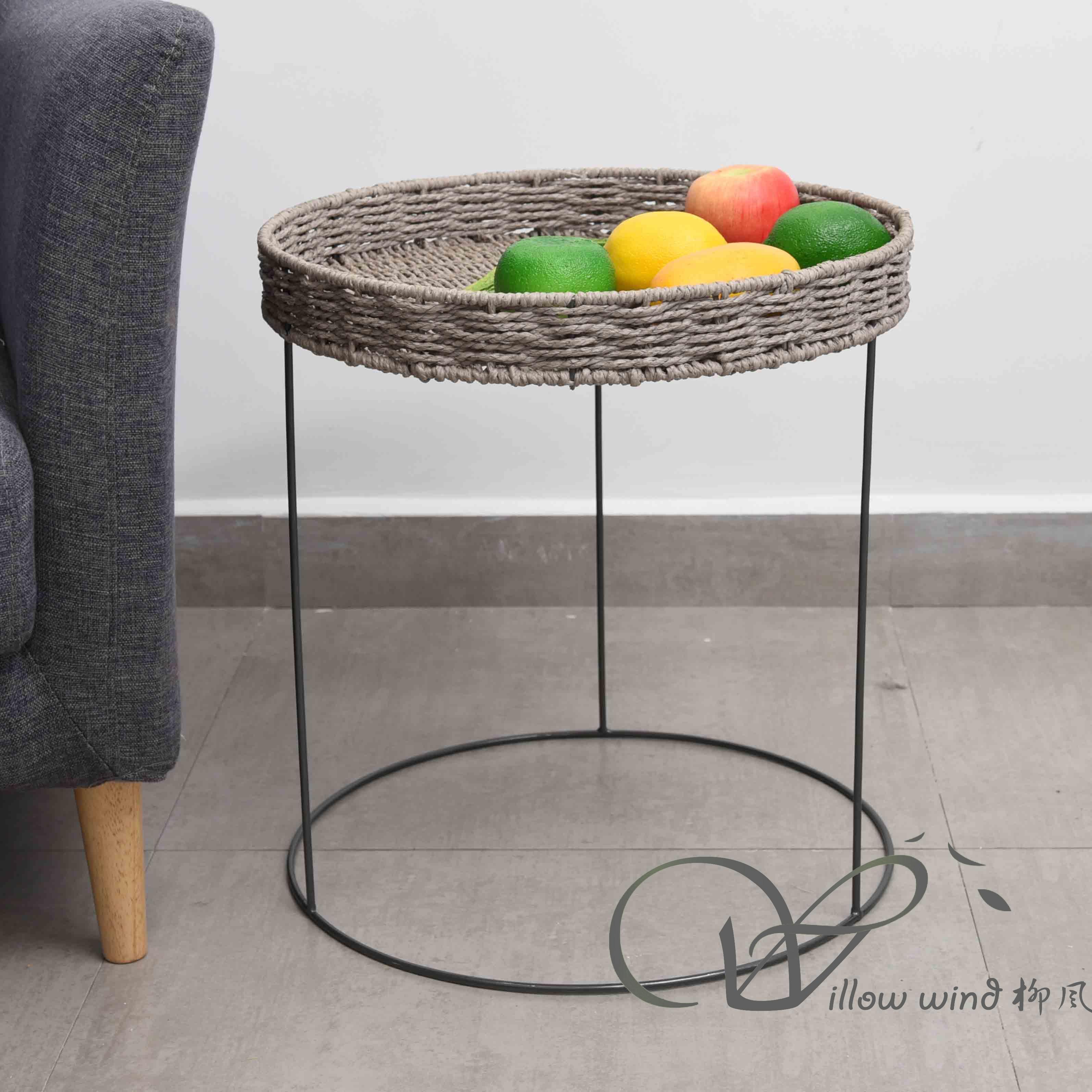 2 Pack Round End Table Paper rope top Coffee table Bed Side Table with Wrought Iron Support for Livi