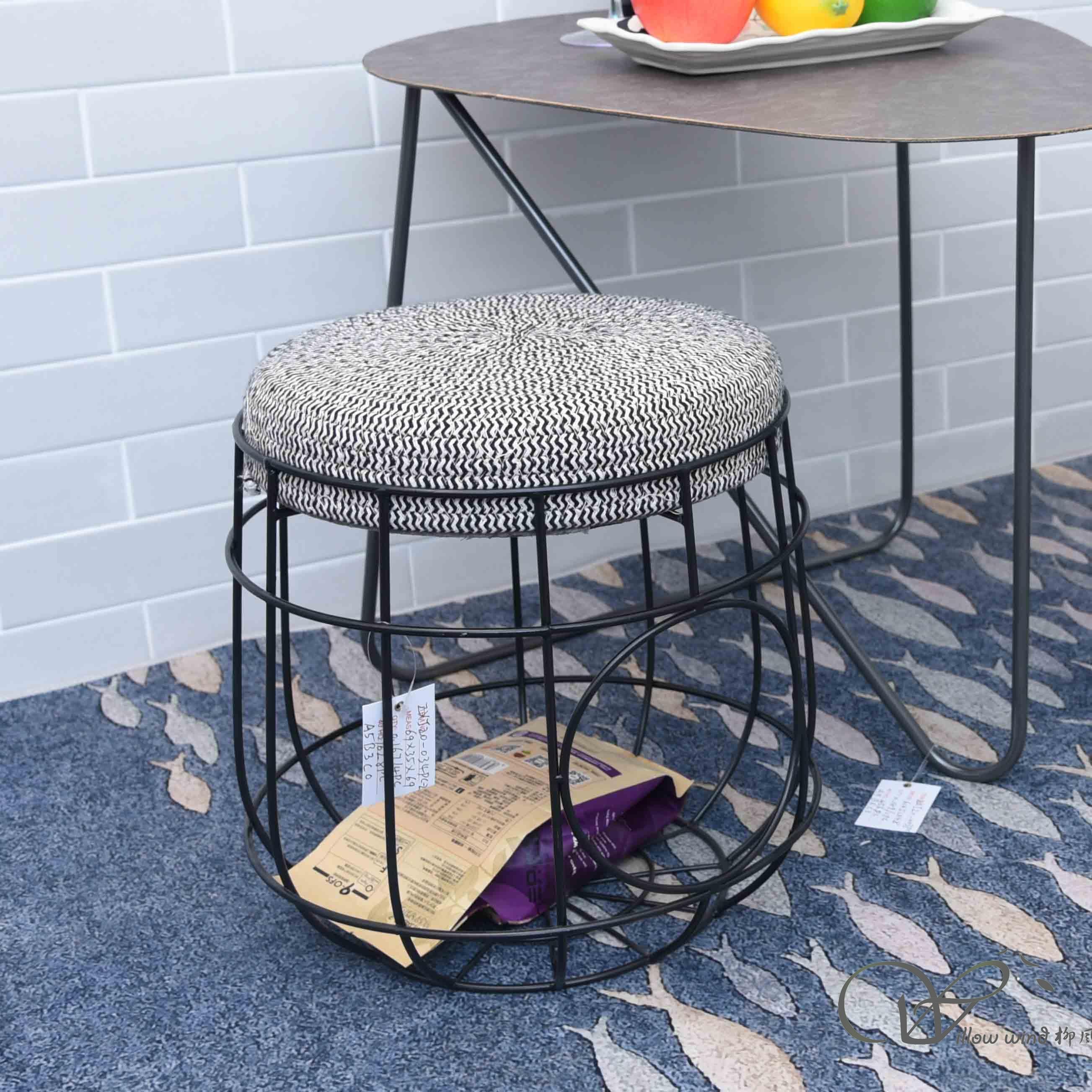 Round Cushioned Furniture Cotton Rope Footstool Ottoman with with wire storage legs