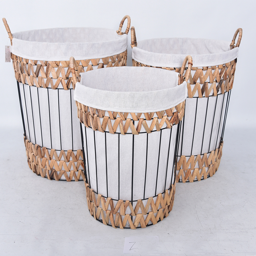 Water hyacinth grass woven black round iron wire basket storage basket
