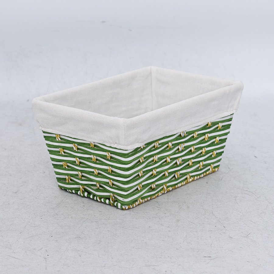 Green and white color rectangle paper rope storage basket