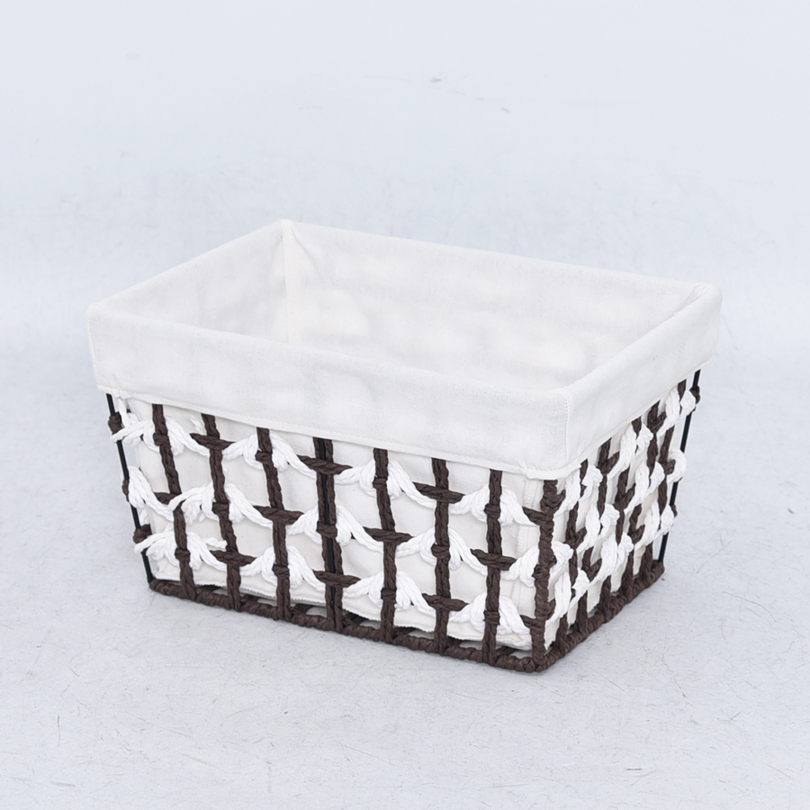 Brown and white color rectangle paper rope storage basket